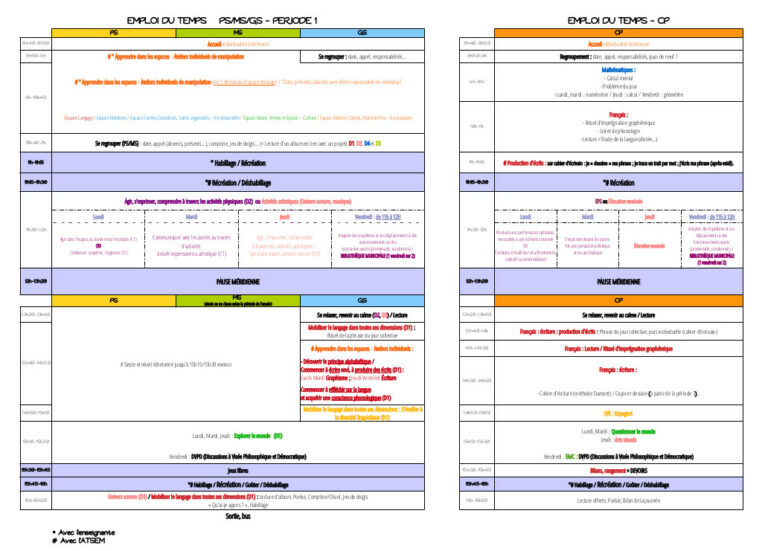 Emploi du temps 2020 – 2021 / PS-MS-GS-CP – Trousse et Frimousse